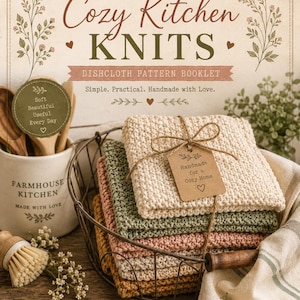 May include: A collection of knitted dishcloths in shades of cream, green, pink, and brown, tied with twine and a tag that reads "Handmade for a Cozy Home." The image also features a "Cozy Kitchen Knits" booklet. The theme is a farmhouse kitchen.