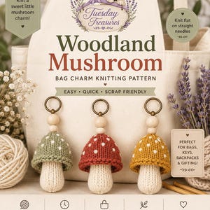 Wald Pilz Taschenanhänger Strickmuster | Cottagecore Pilz Schlüsselanhänger PDF | Einfaches Scrap Garn-Projekt | Anfängerfreundlicher Strick