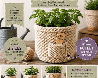 Hoes boerderijplantpot breipatroon pdf | 3 maten inbegrepen | Breipatroon voor beginners | Zak voor plantenmarker | Huisdecoratie Cottagecore