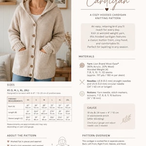 Puede incluir: Cárdigan beige con capucha, botones y dos bolsillos delanteros. El patrón de tejido incluye tallas XS a 2XL, con medidas de busto de 102 a 152 cm. El patrón es para principiantes y utiliza agujas de 5,0 mm.