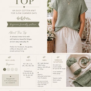 May include: A sage green short-sleeved knit top with a wide neckline and relaxed fit. The pattern information includes skill level, sizes from XS to 5XL, DK weight cotton yarn requirements, 4.0 mm needles, and a gauge of 18 stitches by 28 rows.