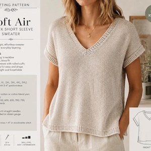 Könnte beinhalten: Eine Frau trägt einen beigefarbenen V-Ausschnitt-Kurzarmpullover. Der Pullover ist Teil eines Strickmusters namens "Soft Air". Das Muster umfasst die Größen XS bis 5XL und hat eine entspannte, kastenförmige Passform mit gerollten Manschetten und Seitenschlitzen.