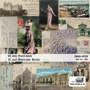 Puede incluir: Un collage de 12 postales vintage con diferentes escenas, incluyendo una mujer con un vestido, un puente, un edificio y una escena de invierno. Las postales datan de 1900-1939 y son de 300 DPI. El texto en las postales dice "Union Postale Universelle", "Carte Postale", "Mademoiselle E. Kiffer", "68 avenue Breteuil 68", "Paris", "Le", "1900-1939", "300 DPI- PDF", "Libras Valhalla", "San Francisco, California, Box 15-15."
