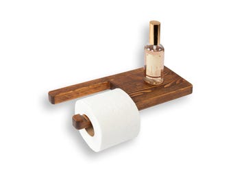 Wall-Mounted Wooden Toilet Roll Holder with Storage Shelf