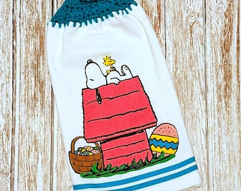 SNOOPY PEANUTS Easter Hanging Kitchen Dish Towel Double Thick Crochet Top