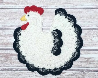 Crochet Chicken Pot Holder - Rooster Hen Potholder Hot Pad  - White & Black - Farmhouse Kitchen Decor - Housewarming Gift