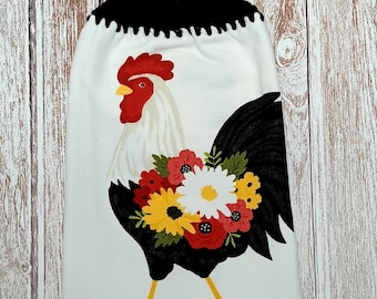 CHICKEN ROOSTER Hanging Kitchen Dish Towel Double Thick Crochet Top