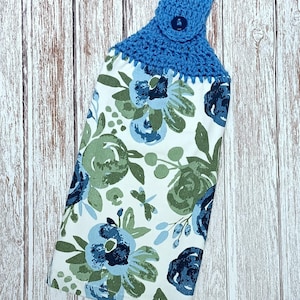 Hanging Kitchen Dish Towel Crochet Top Double Thick with Button BLUE FLOWERS  Housewarming Holiday Gift