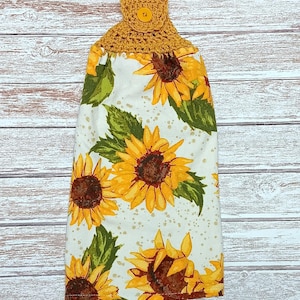 Hanging Kitchen Dish Towel with Crochet Top Double Thick with Button SUNFLOWERS Housewarming Gift