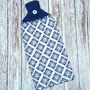Hanging Kitchen Dish Towel Crocheted Top Double Thick with Button Blue GEOMETRIC Flowers Housewarming Gift