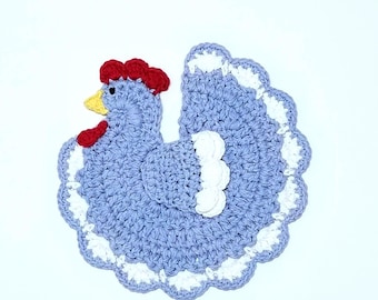 Soporte para ollas de pollo azul de ganchillo, decoración de cocina rústica