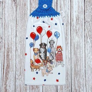 Hanging Kitchen Dish Towel Crocheted Top Double Thick with Button Red White Blue Patriotic PUPPY DOGS July 4 Americana Holiday Decor