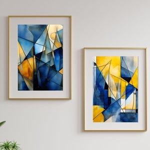 Conjunto de arte de parede abstrata em azul vibrante e amarelo | Impressões digitais modernas para download | Decoração de casa contemporânea ousada