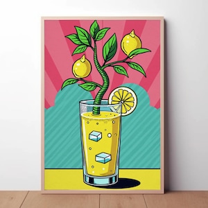Skurrile Limonade Wandkunst, bunter Druck, gelb rosa türkis Dekor, Citrus Digital Download, moderne Küche Kunstdruck