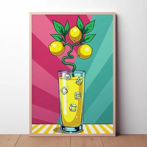 Skurrile Limonade Wandkunst, bunter Druck, gelb rosa türkis Dekor, Citrus Digital Download, moderne Küche Kunstdruck