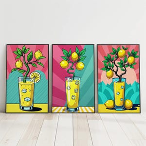 Skurrile Limonade Wandkunst (3er Set), bunter Druck, gelb rosa türkisfarbenes Dekor, Zitrusfrüchte digitaler Download, moderne Küchenkunst Druck