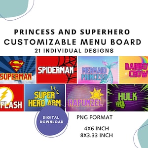 Princess & Super Hero face painting menu board word board face painting design options printable designs