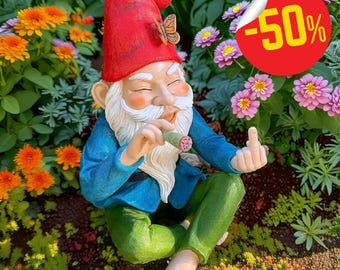 Figura de gnomo fumador de marihuana: divertido adorno para el césped con el dedo medio, arte original con marihuana para jardín, regalo de hadas para exteriores.