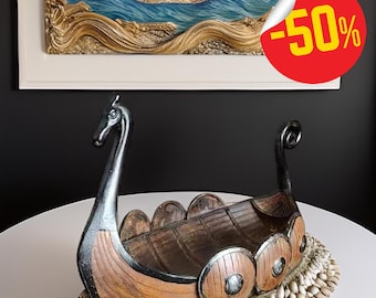 Figura de barco dragón vikingo: barco pirata de madera hecho a mano, regalo náutico, adorno nórdico para la decoración del hogar.