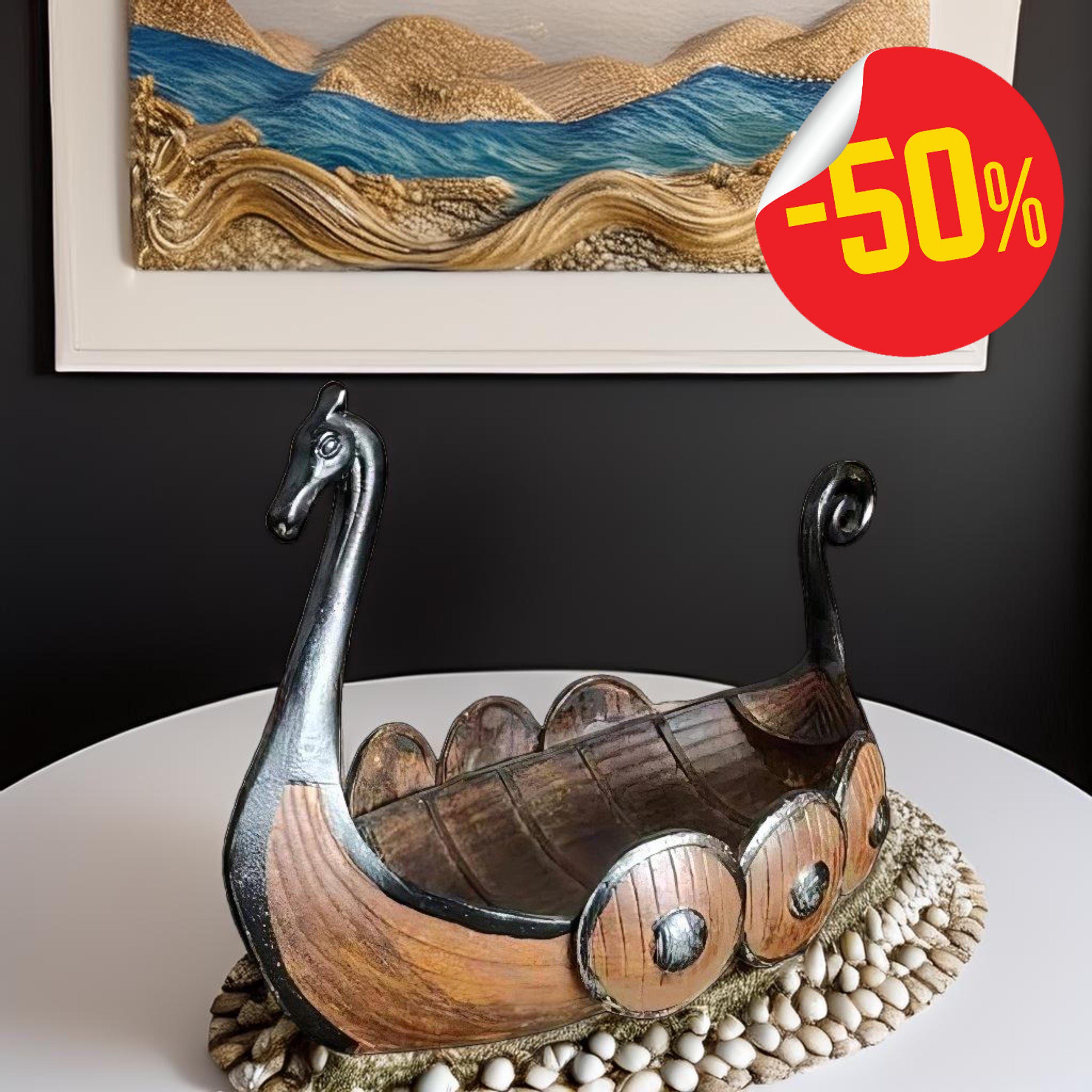Handmade Viking Dragon Ship Figurine: Nordic Home Decor