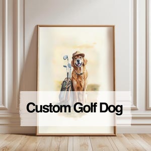 Custom Dog golf print, Your Dog playing golf, Golden Retriever Golfing Wall Art, Kid room decor golf, Golden Retriever dog print, Printable