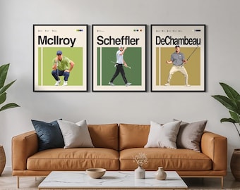 Conjunto de pósteres de golf modernos - Arte mural minimalista de la PGA - Láminas de McIlroy, Scheffler y DeChambeau, descarga digital, decoración de mediados de siglo.