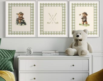 Teddy Bear Golf Nursery Print: Vintage Gingham Art (16x20)
