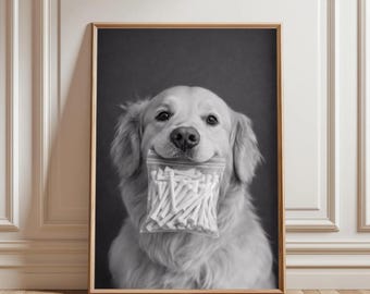 Golf Dog Wall Art, Golden Retriever with Golf Tees, Black and White Dog Print, Golf Lover Decor, Modern Golf Wall Art, Golf Nursery