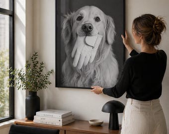 Funny Golf Dog Wall Art: Black and White Minimalist Print