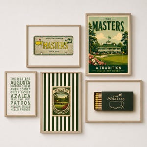 May include: A collection of framed art prints with golf themes. Includes a license plate with "MASTERS" text, a poster with a golf course scene, and a matchbox with "THE MASTERS" text. The prints are in neutral-toned frames.