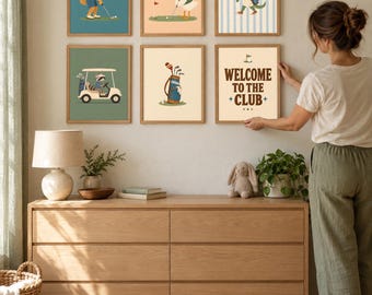 Vintage Golf Nursery Prints Set of 6, Welcome to the Club, Golf Animals Wall Art, Golf Baby Shower Gift, Boy Nursery, Printable Download
