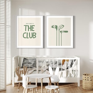 Láminas infantiles de estilo bohemio con temática de golf: arte digital para habitaciones de niños.