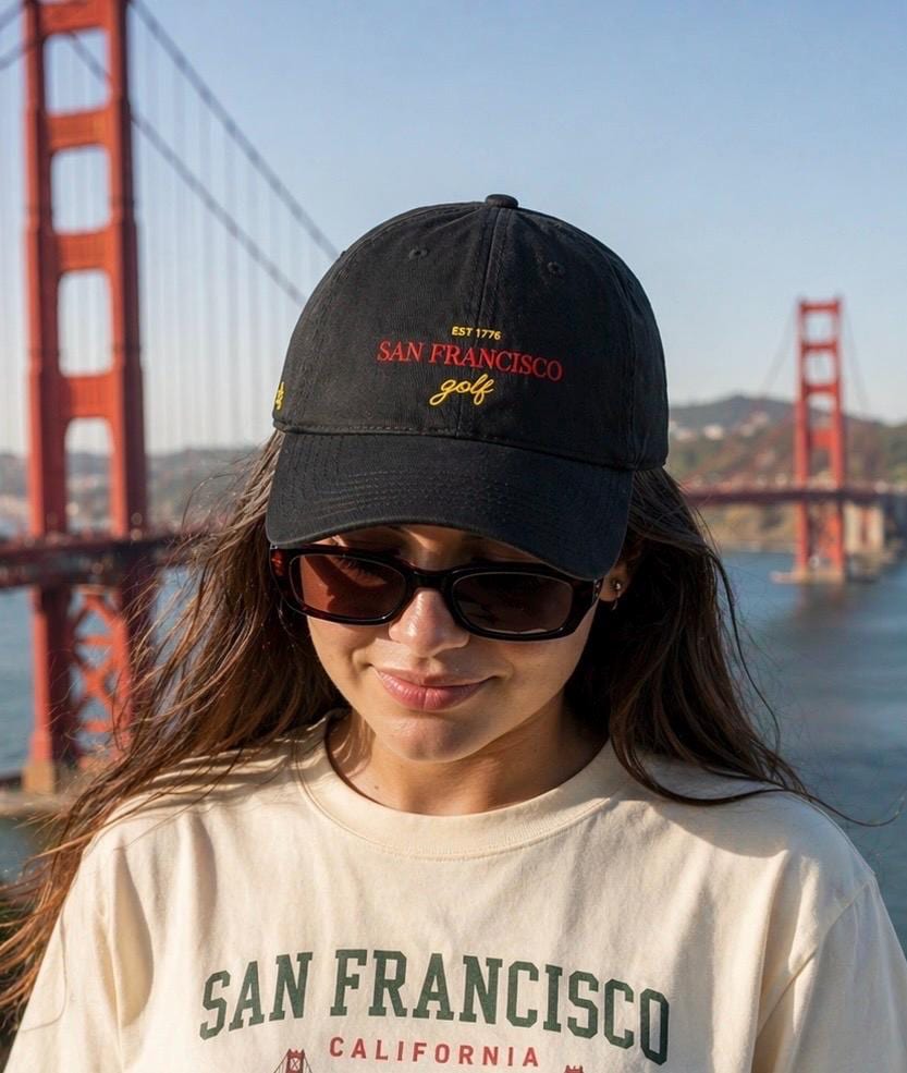 San Francisco Golf Dad Hat - Vintage Inspired Soft Cotton Cap - Pre-Curved Visor, Antique Brass Buckle, Casual Everyday Wear