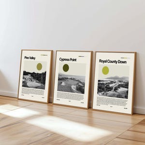 Minimalistiska golfbanor - Pine Valley, Cypress Point och Royal County Down, modern vintage golfväggkonst, golfdekor för hem och kontor