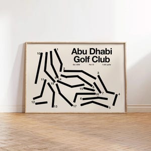 Abu Dhabi Golf Links, Californie | Carte du parcours de golf, cadeau golfeur pour lui, mise en page de la carte de pointage, cadeau petit ami golfeur, décoration de golf moderne Mid-Century