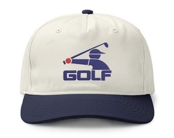 Golf Hat Two Tone Snapback, Retro Golfer Cap, Chicago Golf Gift, Unstructured Cotton 5 Panel Hat, Natural and Navy, Golf Gift for Him