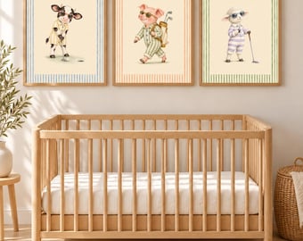 Golf Nursery Prints Set of 3, Farm Animal Nursery Decor, Cow Pig Lamb Golfer Wall Art, Golf Baby Shower Gift, Printable Digital Download