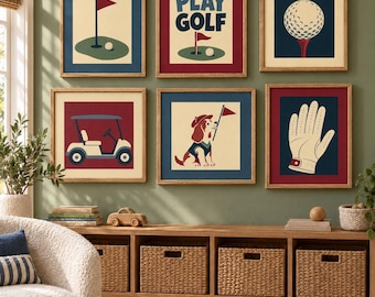 Golf Nursery Decor Set of 6, Retro Golf Wall Art Prints, Boys Room Golf Prints, Golf Cart Dog Golfer, Mid Century Golf Playroom Art
