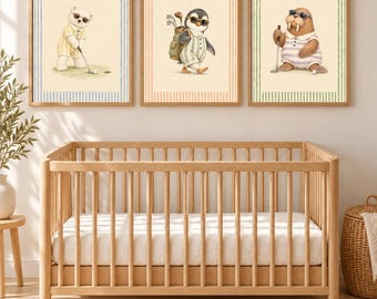 Polar Bear Penguin Walrus Golf Nursery Prints Set of 3, Arctic Animal Wall Art, Golf Baby Shower Gift, Boy Nursery, Printable Download