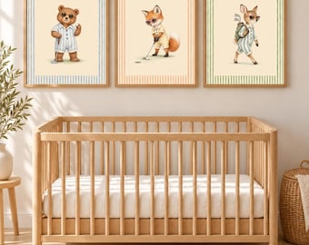 Bear Fox Fawn Golf Nursery Prints Set of 3, Forest Animal Golfer Wall Art, Golf Baby Shower Gift, Boy Nursery Decor, Printable Download