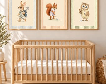 Bunny Squirrel Owl Golf Nursery Prints Set of 3, Meadow Friends Animal Wall Art, Golf Baby Shower Gift, Boy Nursery, Printable Download