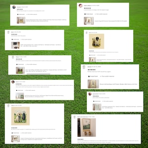 a collage of various framed artworks and photographs, each with a rating and comment from a customer. The artworks include a portrait of a person, a landscape photograph, and a portrait of a dog. The ratings range from 5 stars to 4.5 stars, and the comments describe the artworks as "amazing", "awesome", and "amazing quality". The image is a collection of individual artworks, and the customer feedback is not repetitive or redundant.
