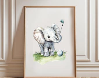 Elephant Golf Nursery Print: Playful Kids Room Wall Art