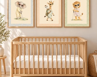 Elephant Giraffe Lion Golf Nursery Prints Set of 3, Safari Animal Golfer Wall Art, Golf Baby Shower Gift, Boy Nursery, Printable Download