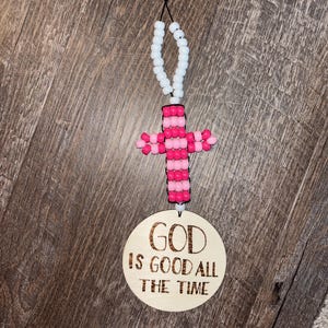 God is good car charm with beaded cross for rear view mirror