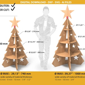 DXF/SVG-bestanden voor cnc-router en lasersnijden. Kerstboom met planken: twee hoogtes en verschillende houtdiktes beschikbaar