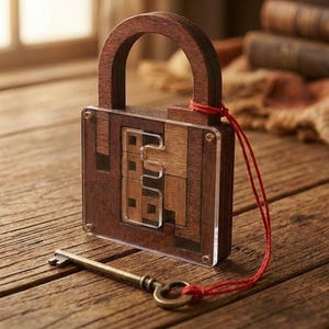 Può includere: Un lucchetto puzzle in legno con una chiave. Il lucchetto è realizzato in legno marrone scuro e chiaro con un fronte in acrilico trasparente. Un filo rosso è attaccato al lucchetto. La chiave in stile antico è in ottone. Il lucchetto è su un tavolo di legno.
