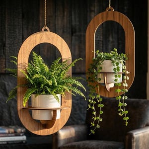 Op de afbeelding: Twee hangende houten plantenbakken met ovale frames en ingebouwde planken. Elke plantenbak bevat een witte keramische pot met groene planten. Eén heeft een varen, de andere heeft hangende wijnstokken. De plantenbakken zijn opgehangen aan gouden kettingen.