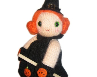 Lovely HALLOWEEN Little Witch Doll with her Magic Broom and Pumpkins MIittens Pdf Email Knit PATTERN