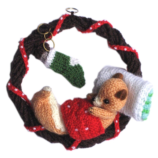 Christmas Squirrel sleeping in a Holly Berry Wreath PDF Email Knit PATTERN